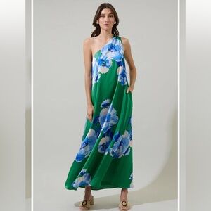 Sugarlips One-Shoulder Green and Blue Floral Dress